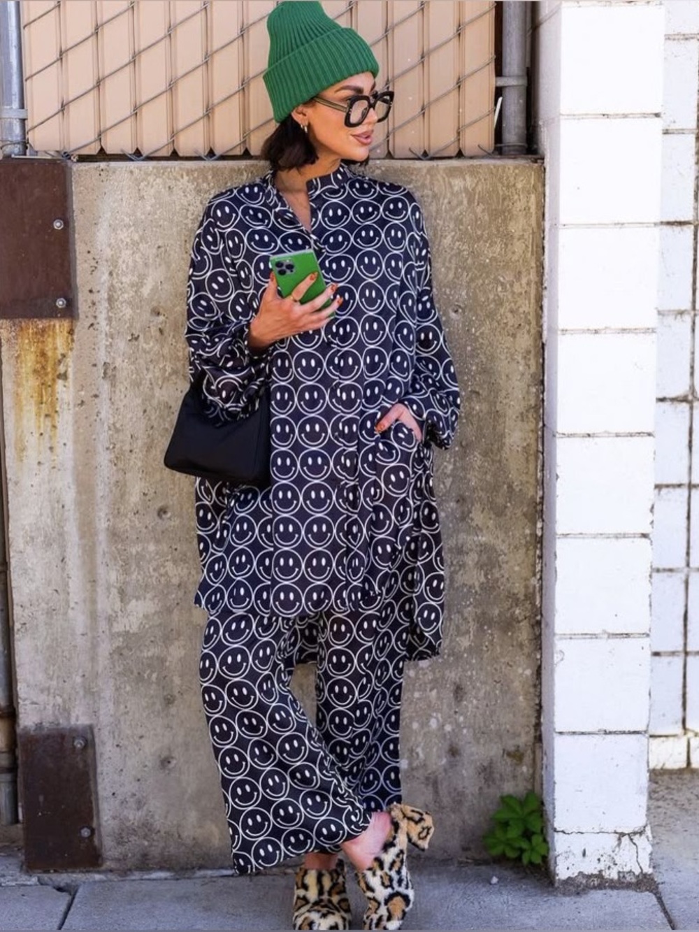 Dressed in Lala Current Mood Oversized Satin Shirt Smiley NWT